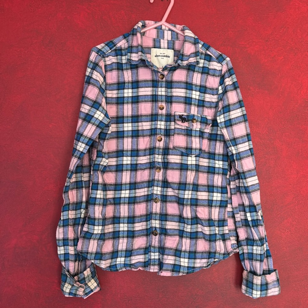 A&F Kids S Flannel Pink Blue Plaid Shirt Size Small Abercrombie & Fitch